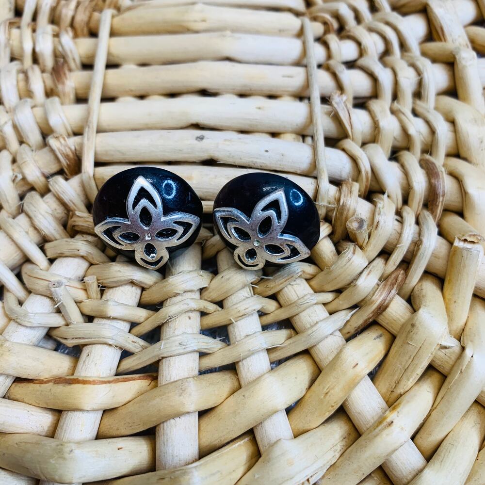 Black Brown Domed Stud Earrings Silver Floral Inlay 3/4" diameter
